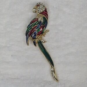 Vintage Brooch Enamel Rhinestone Parrot